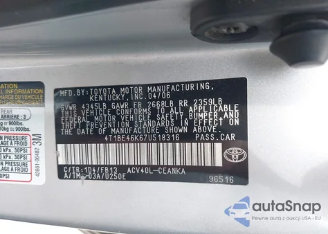 2007 Toyota Camry Le z USA, uszkodzony, nr VIN 4T1BE46K67U518316